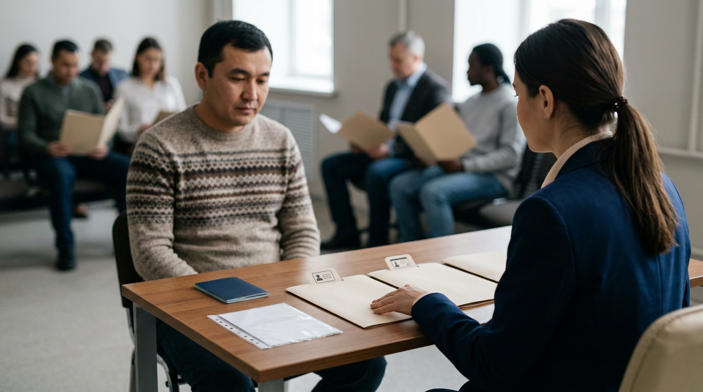 An HR specialist checks a foreign worker’s migration status