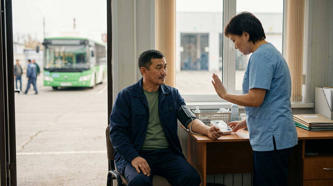 A driver undergoing a pre-trip medical examination before starting a route