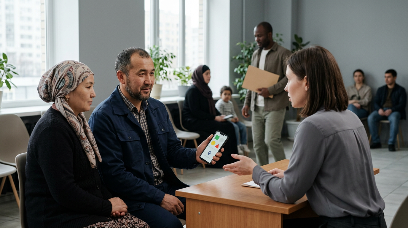 A foreign worker and an HR specialist checking documents