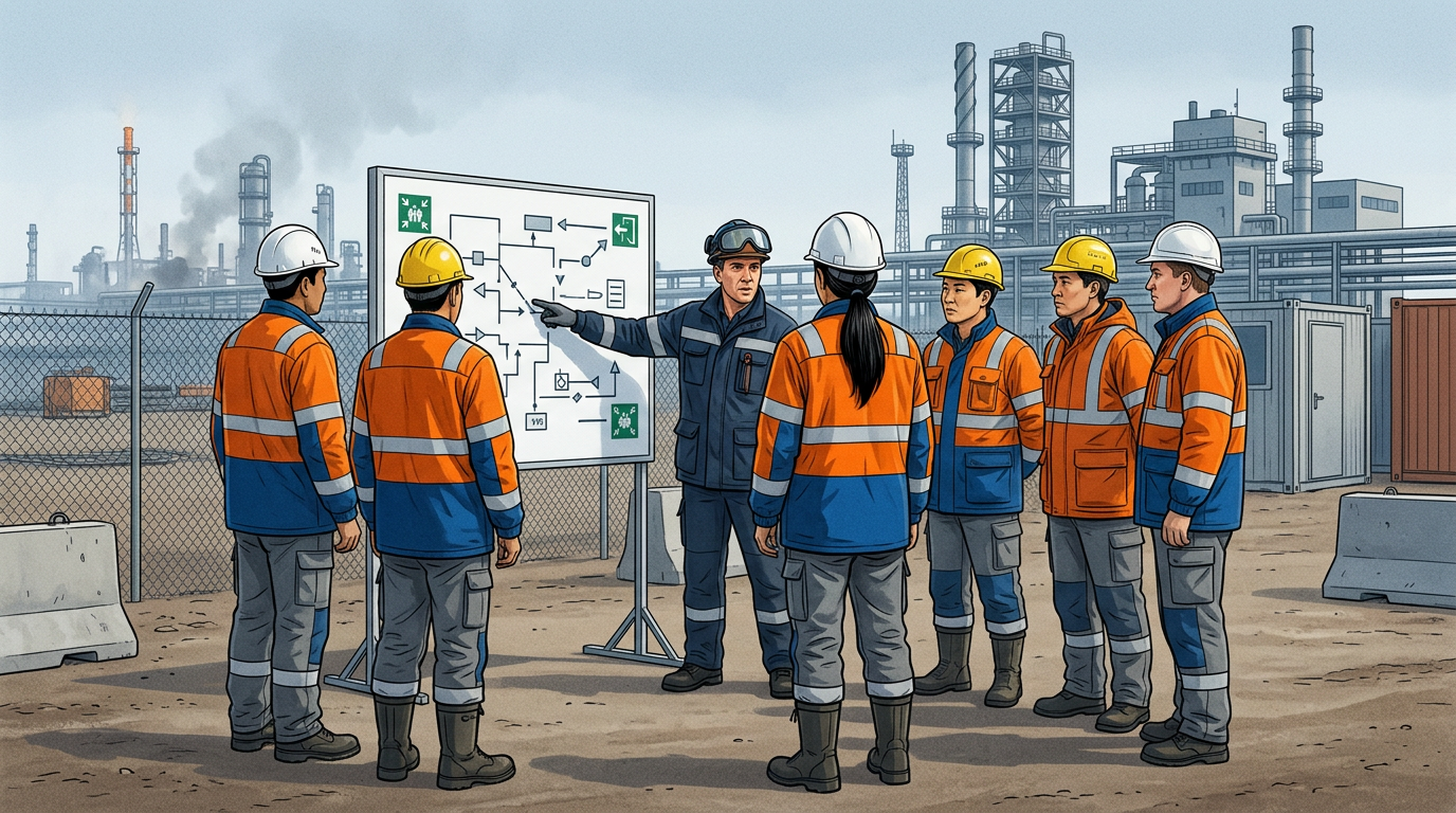 Industrial site and workers wearing hard hats