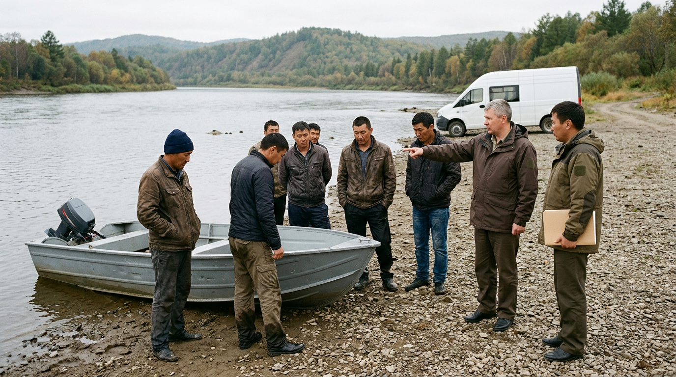Police officers conduct an interagency migration raid in the Amur Region