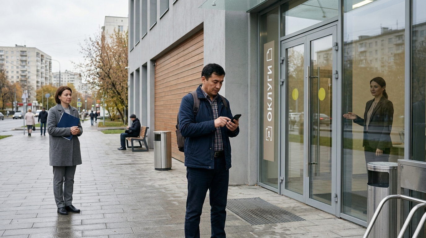 A foreign employee and an HR specialist check the appointment-booking procedure at the Moscow Migration Center