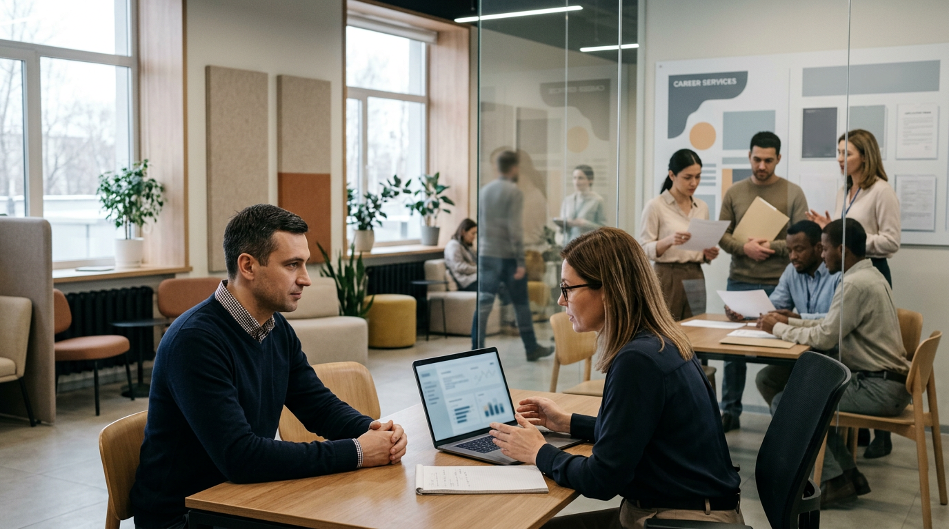 An employer discusses recruiting employees through a Rabota Rossii personnel center («Работа России»)