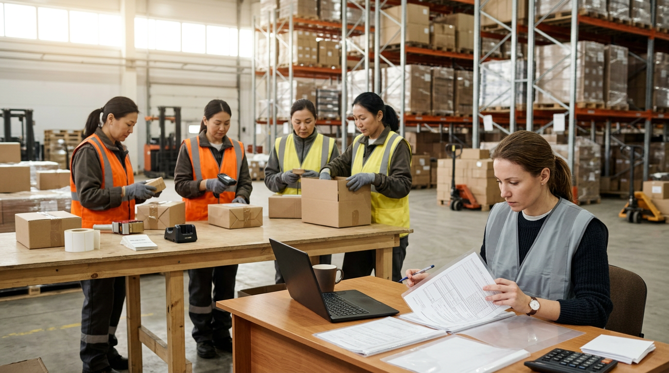 Warehouse employees check documents for foreign personnel