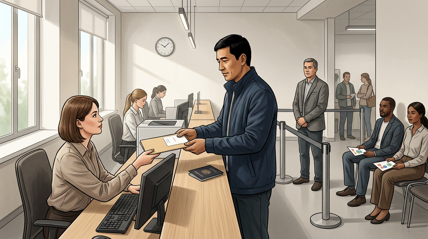 A foreign employee and an HR specialist discuss submitting a work patent application in person