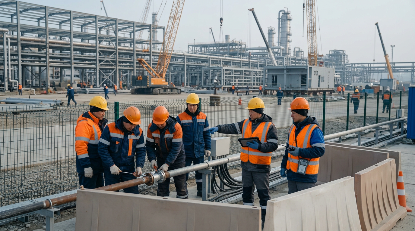 Industrial site and employees wearing hard hats