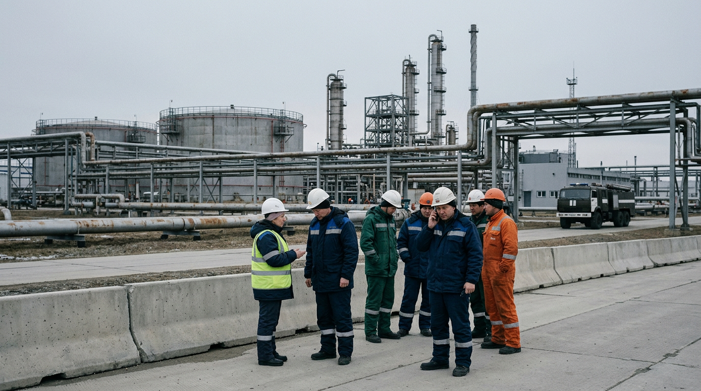 Industrial facility and workers in protective equipment