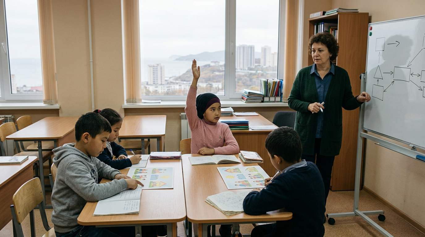 Children of foreign workers attending a Russian language class in Primorsky Krai