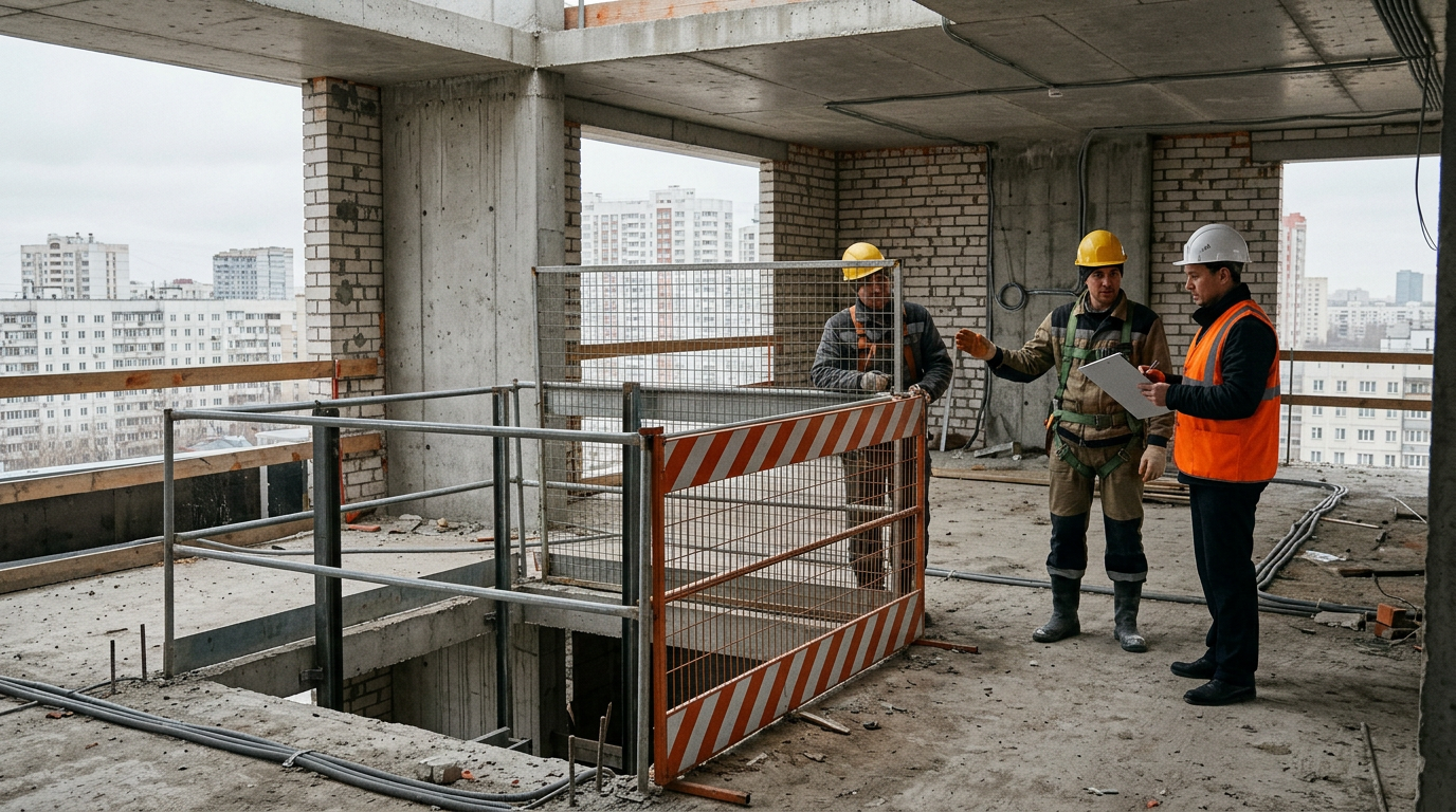 Construction site with a fenced-off elevator shaft